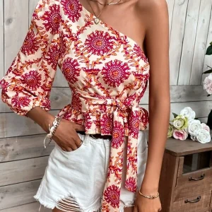 One Shoulder Tops print one-shoulder, balloon-sleeve, ruffle-hem, drawstring shirt, lace-up top – Image 3