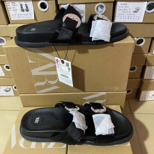 ZA manufacturers 2024 autumn new women's shoes black rhinestone decoration summer foreign trade flat sandals fashion one foot on the beach – Image 3