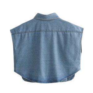 Fashion trend, new women's clothing, European and American style, cross-border lapels, short sleeves, short high street denim shirts, tops, women's – Image 4