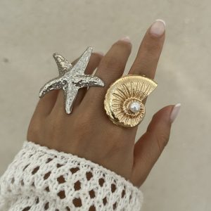 European and American cross-border jewelry, beach imitation pearl adjustable ring, resort wind starfish alloy ring – Image 4