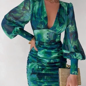 High Waist Chiffon print dress V-neck tight-fitting high-arm chiffon print dress – Image 4