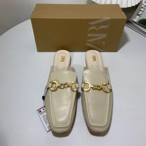ZA2024 New Summer Flat Sandals Women's Metal Chain Shallow Square Toe European and American Baotou Back Empty Sandals Women – Image 3