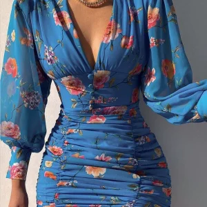 High Waist Chiffon print dress V-neck tight-fitting high-arm chiffon print dress – Image 3