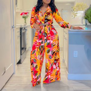 D3274 Foreign Trade Women's Clothing Amazon New Fashion Print Two Piece Lapel Tie Shirt Wide Leg Pants Set – Image 3
