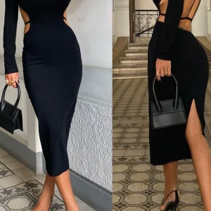 Black party dress European and American black party evening dress women's back cutout sexy tight skirt – Image 3