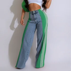 Fashion stitched three-stripe wide-leg denim trousers women's new casual high-waisted stretch straight-leg pants – Image 4