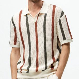 Thick Needle Cutout Knitwear Men's Striped Contrast Wool Casual Polo Shirt Men T-Shirt – Image 4