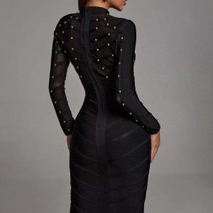 Cross-border e-commerce, European and American foreign trade, women's clothing, heavy industry, nailing, see-through mesh, long-sleeved dresses, bandage dresses, and popular models – Image 3