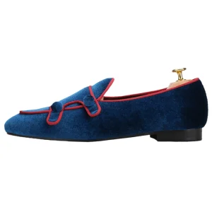 Handmade custom dark blue gold velvet Belgian loafers men's European and American style party wedding banquet suits and formal wear