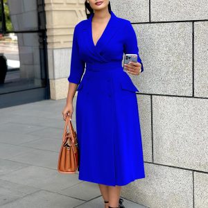 D3294 Foreign Trade Women's Fashion Temperament Double Breasted Suit Collar Solid Color Dress Midi Cross Border Dress – Image 3