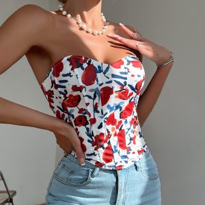 Cross-border sexy babes low cut backless flowers wrapped breasts diamond fishbone corset European and American small vest L0033 – Image 4