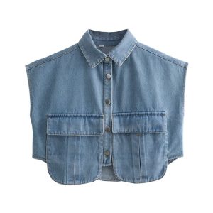 Fashion trend, new women's clothing, European and American style, cross-border lapels, short sleeves, short high street denim shirts, tops, women's – Image 3
