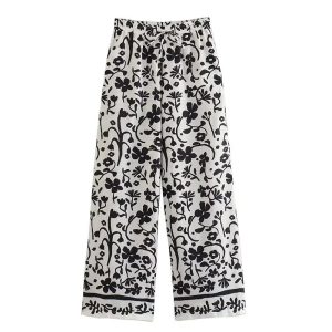 Foreign trade autumn 2023 new lapel long sleeve single-breasted printed linen shirt wide-leg pants set – Image 3