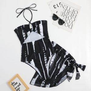 2024 New Digital Print Women's Sexy One-piece Halterneck Triangle Mesh Three-Piece Cutout Swimsuit – Image 5