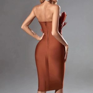 Christmas new mid-length European and American fashion foreign trade dress bandeau feathers high-end temperament bandage dress women – Image 4