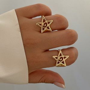 Cross-border European and American jewelry fashion commuting five-pointed star heart-shaped open ring alloy versatile ring set – Image 3