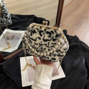 Plush Shell Dinner Bag 2024 New Women's Fall Winter 2024 Niche Leopard Print Crossbody Bag Pearl Chain Shoulder Bag – Image 6