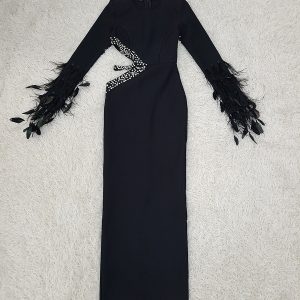 Cross-border women's clothing IN Internet celebrity anchor long-sleeved mid-length slim diamond feather elastic bandage birthday evening dress – Image 7