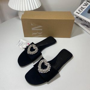 Za New 2024 Summer Rhinestone Open Toe Flat Bottom Wear Sandals Women's Metal Heart Buckle Beach Shoes Women – Image 4