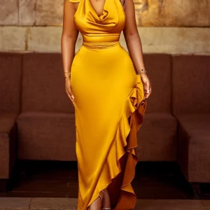 Halter Ruffles Slit Backless Party Dress
