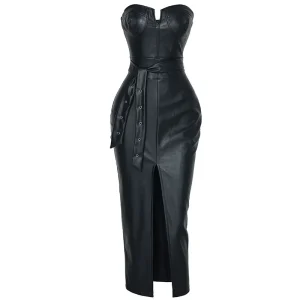 krasa women's woman dress women dress sexy tube top PU leather slit dress black skirt – Image 3