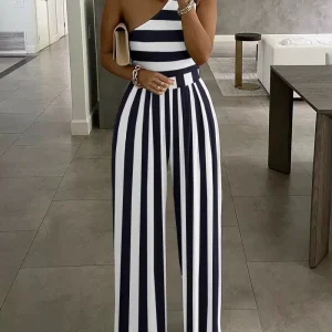 One Shoulder Striped Print Jumpsuit Women – Image 3