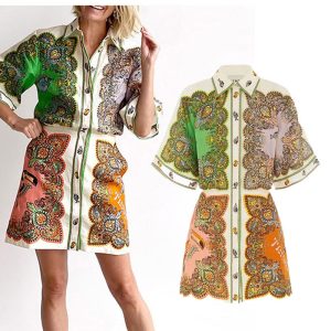 2024 Autumn New European and American Women's Fashion Print Short Sleeve Lapel Temperament Commuter Single-breasted Shirt Dress – Image 3