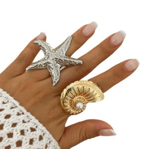 European and American cross-border jewelry, beach imitation pearl adjustable ring, resort wind starfish alloy ring – Image 5