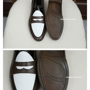 IsirHonour British Italian Champagne Loafers, White Coffee Color-Blocking, Slip-on Slip-ons, Toe Leather Men's Shoes – Image 6