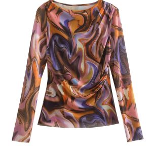 Spring Summer New European and American Women's Round Neck Long Sleeve Printed Silk Net Top Wholesale Tight Fashion Urban T-Shirt – Image 5