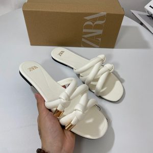 ZA Flats 2024 Spring Summer New Fashion Versatile Slippers Cross Straps Metal Buckle Semi-Drag Beach Shoes Women – Image 3