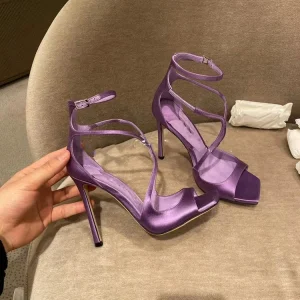 Purple satin high heels women's spring summer 2024 new strappy stiletto gold sandals open toe sexy dress shoes – Image 3