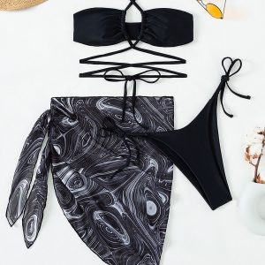 2024 euro - américain Crossover nouveau maillot de bain femmes Poly cordon sexy imprimé jupe courte trois pièces Mesh Bikini – Image 8