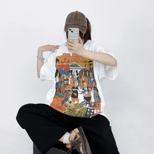 Shuji's niche design sense trendy brand American retro cartoon print short-sleeved T-shirt for men and women summer new hip-hop trend – Image 5
