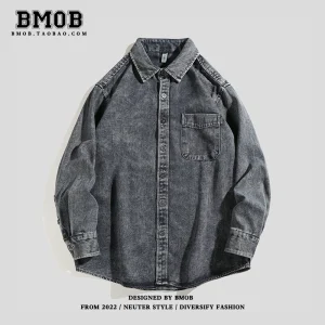 BMOB Japanese retro washed overalls shirts, handsome high street design, niche trendy brand denim, distressed couple trend – Image 3