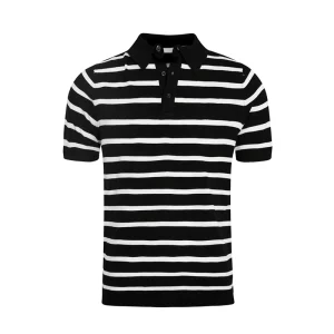 Summer New Ice Silk Knit Casual Men's Short Sleeve T-Shirt Senior Retro Slim Color-Blocked Striped Polo Shirt Men – Image 3