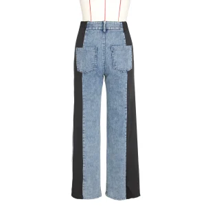 Fashion stitched three-stripe wide-leg denim trousers women's new casual high-waisted stretch straight-leg pants – Image 5