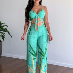 V-Neck Cropped Tank Top High Waist Printed Wide Leg Pants Two Piece Short Vest Wide Leg Pants Set – Image 3