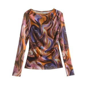 Spring Summer New European and American Women's Round Neck Long Sleeve Printed Silk Net Top Wholesale Tight Fashion Urban T-Shirt – Image 4