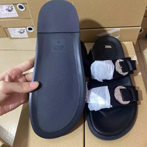 ZA manufacturers 2024 autumn new women's shoes black rhinestone decoration summer foreign trade flat sandals fashion one foot on the beach – Image 4