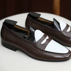 IsirHonour British Italian Champagne Loafers, White Coffee Color-Blocking, Slip-on Slip-ons, Toe Leather Men's Shoes – Image 5