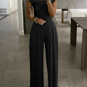 Women Solid Wide Leg Jumpsuit Summer Lace Collar Crew Neck Solid Color Jumpsuit – Image 4