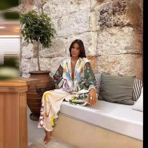 European and American cross-border fashion personality print macaron linen long-sleeved shirt set – Image 3