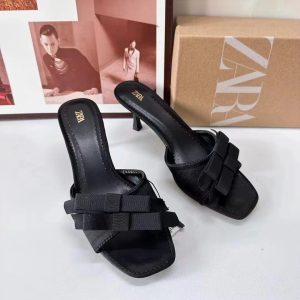 ZA New 2024 Summer French High Heels Women's Shoes Fashion Shallow Bow Decorated With A Straight Back Empty Stiletto Heel Sandals Women – Image 3