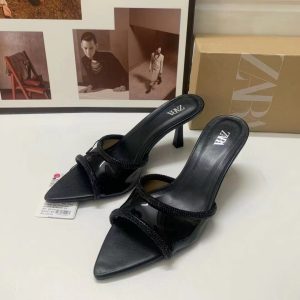 ZA summer new high heels women's shoes 2024 pointed toe straight rhinestone trimmed PVC stiletto crystal heel backspace sandals women – Image 4