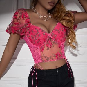 Cross-border foreign trade new hot girl backless see-through butterfly embroidery suspender splicing mesh European and American small vest 10622 – Image 7