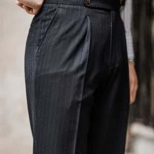 Casual high-waisted trousers, men's autumn business, Neapolitan striped pants, business Parisian buckle vintage suit pants – Image 3
