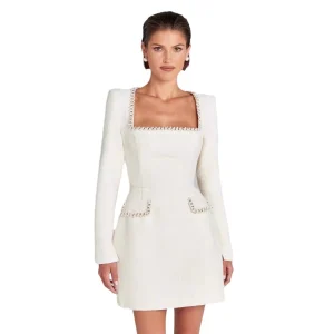 2024 European and American temperament slim and thin, U-neck, long-sleeved, beaded, small fragrance dress women – Image 5