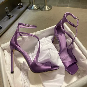 Purple satin high heels women's spring summer 2024 new strappy stiletto gold sandals open toe sexy dress shoes – Image 6