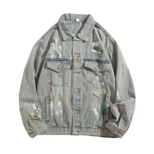 Ink-splashed print ripped denim jacket, men's fashion brand high street ruffian, handsome and versatile, retro washed design sense cargo jacket – Image 5